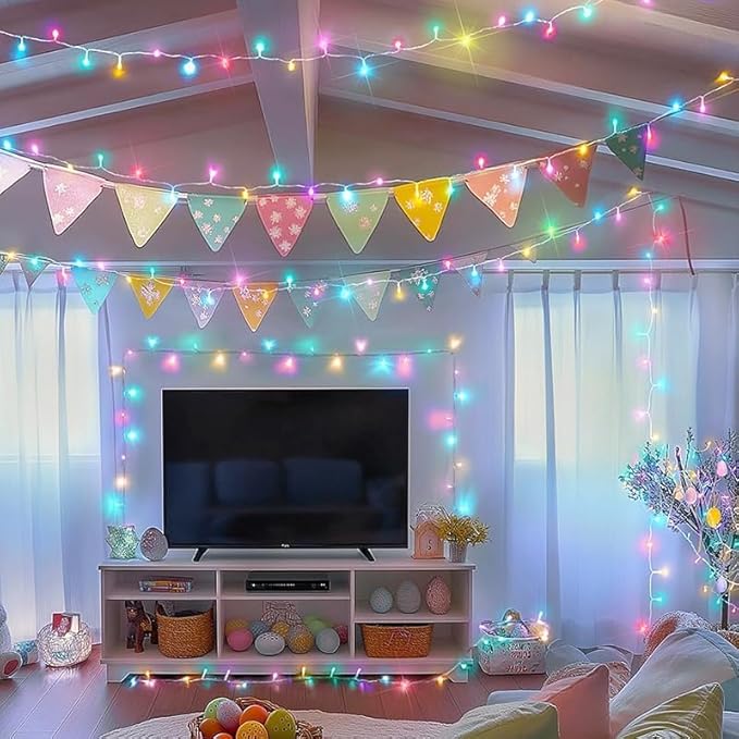 LAMPHOME Colorful String Lights, 66 ft 200 LED Pastel Easter Lights 11 Modes Plug in,transparant Wire Twinkle Fairy Lights for Spring Bedroom(Lighted up in Pink Red Yellow Blue Green Color)