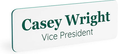 ExcelMark Custom Name Tag - Engraved Name Badge with Pin or Magnetic Backing, 16 Colors, 6 Fonts, and 2 Sizes to Choose from (White w/Pine Green Letters, 1"x 3")