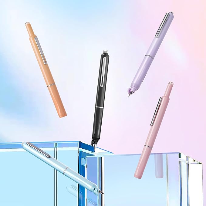 WRITECH Retractable Fountain Pen Set: Black Ink Fine Nib, 5 Refillable Ink Cartridges Included, No Leaking Smooth Writing for Calligraphy Journaling Gift (Pink)