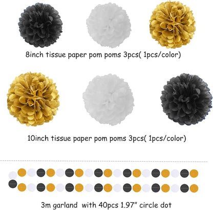 Black Gold Graduation Party Decorations - 23pcs Kits Farewell Tissue Pom Poms Flowers,Streamers Banner,Tassel Garland 50th Men Birthday Bachelorette Baby Shower Decoration Bunting Lasting Surprise