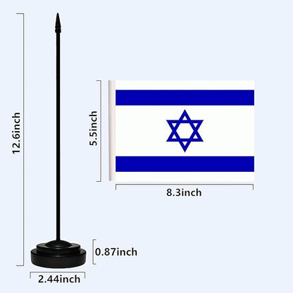 Israel Israeli Deluxe Desk Flag Set Small Mini Miniature Israel Israeli Table Desktop Flags With Solid Pole, Black Base and Spear Top(2 Pack)