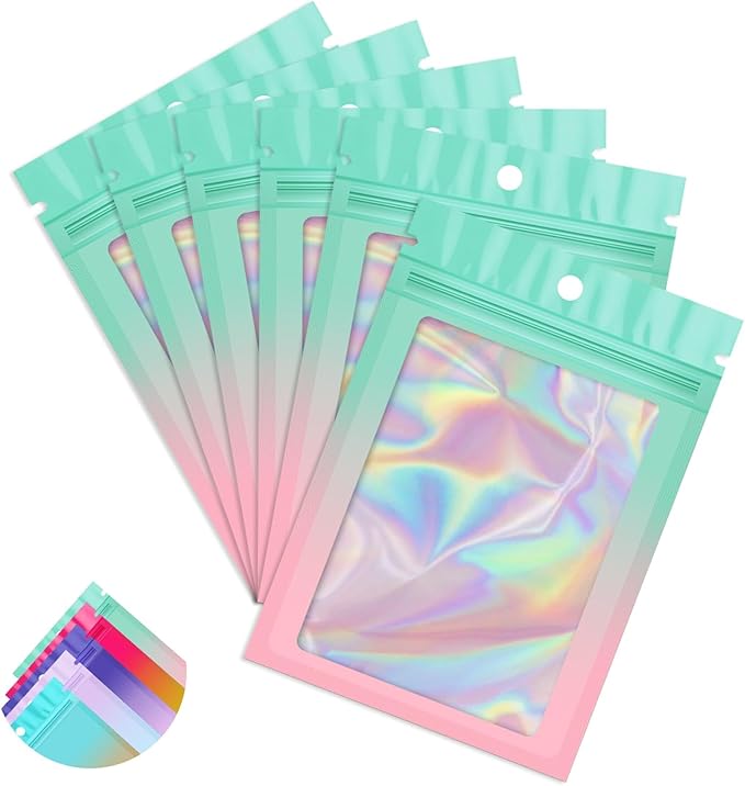 Funfery 100 Pack Gradient Holographic Bags,Mylar Resealable Bag with Zipper,Clear Window Packaging Pouch,Smell Proof Bags for Food Storage,Sample Jewelry Baggies(3.1x5.1In,Green Pink)