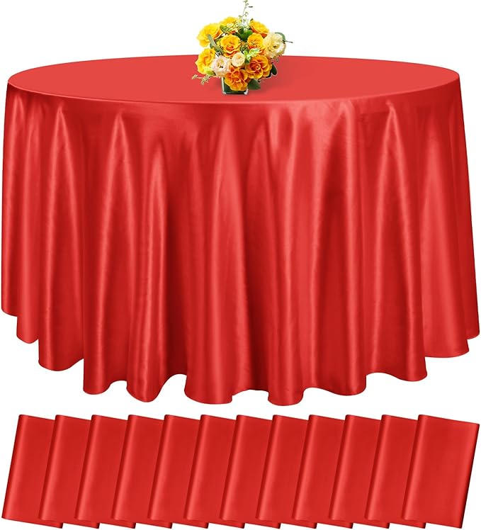 fani 12 Pack 120 Inch Red Satin Tablecloth - Premium Bright Silky Round Tablecloth Overlay Smooth Fabric Table Cover, Table Decoration for Wedding Party Banquet Events Restaurant Kitchen Dining