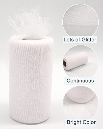 Glitter Tulle Fabric Rolls, 6 Inch 50 Yards (150ft) Sparkling Spool Ribbon Sequin Netting for Tutu Skirt Gift Wrapping Wedding Party Decoration (White)