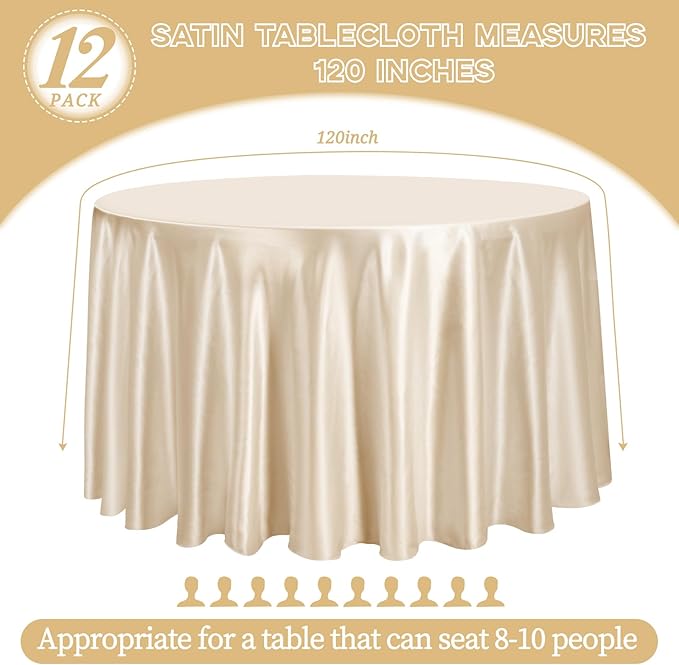 12 Pack 120 Inch Champagne Satin Tablecloth - Premium Bright Silky Round Tablecloth Overlay Smooth Fabric Table Cover, Table Decoration for Wedding Party Banquet Events Restaurant Kitchen Dining