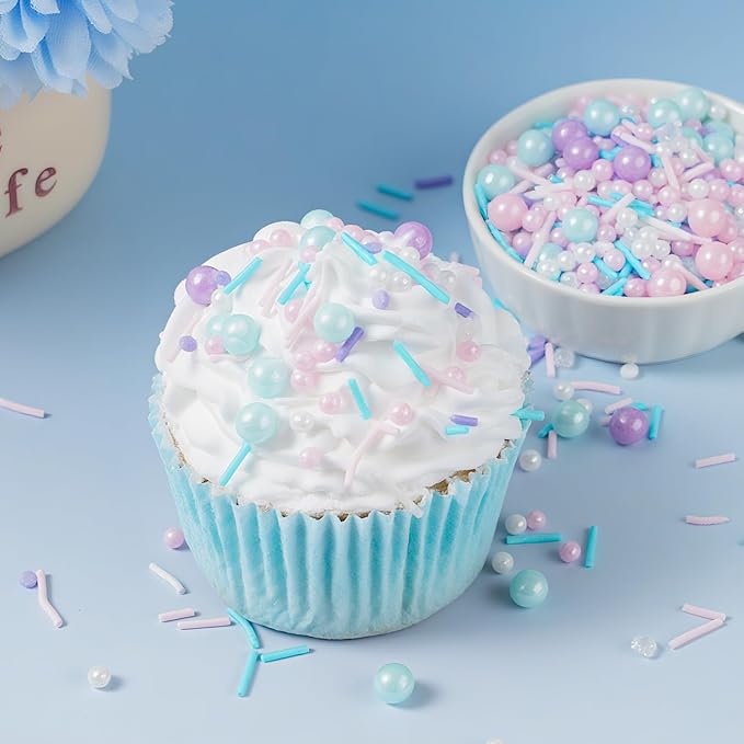Pastel Sprinkles for Cake Decorating, 7oz Pink Purple Blue White Pearl Confetti Jimmies Mix - Sprinkles for Cupcakes, Ice Cream, Cookies, Baking Toppings - Wedding, Birthday, Christmas Party Supplies