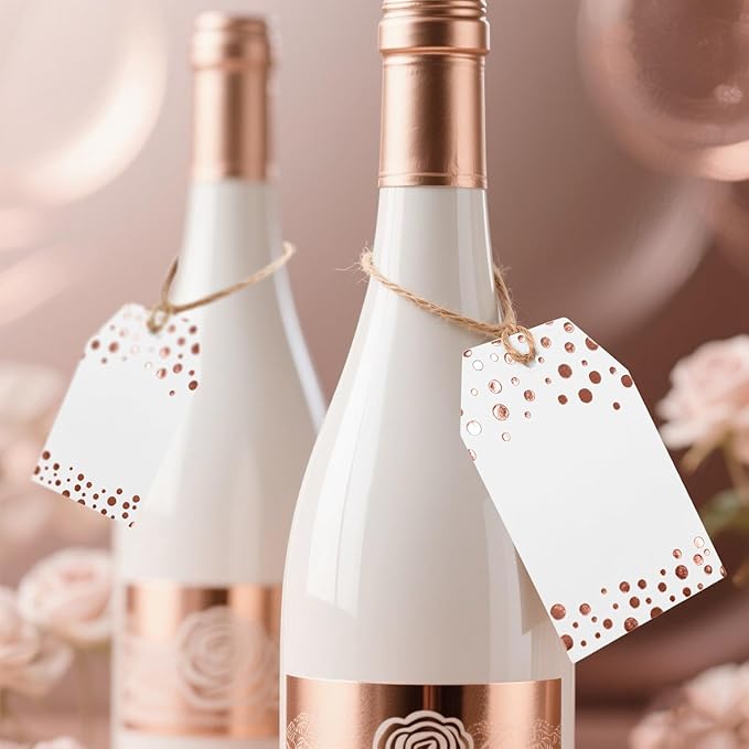 100Pcs Rose Gold Gift Tags with String Attached, ASYEHJNR Foil Rose Gold Dot Large Gift Bag Tags Presents with 65 FT Jute Twine, White Paper Gift Tags for Baby Shower, Wedding, Birthday Gift Wrap Tags