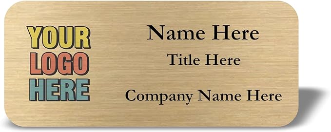 Custom Name Tag with Logo - Personalized Name Badge with Magnet Backing - Choose Your Size and Color (Gold Metal 3"x1.25" - Logo on Left)