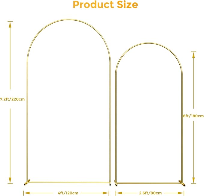 Metal Arch Backdrop Stand, 7.2FT+6FT Wedding Arch Frame, Gold Wedding Arch Backdrop Stand Set of 2, Balloon Arch Backdrop for Wedding Birthday Party Baby Shower Graduation Ceremony Decor