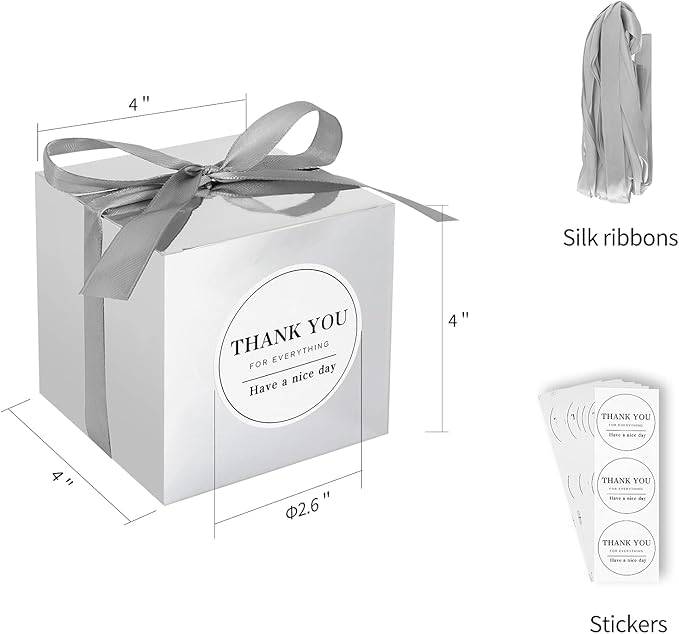 COTOPHER Small Gift Boxes 100 Pack 4x4x4 inches Silver Gift Boxes with Lids for Gifts, Crafting, Wedding Party Favor, Cupcake Boxes, Candy, Bridesmaids Proposal Box with Ribbons and Stickers (Metallic