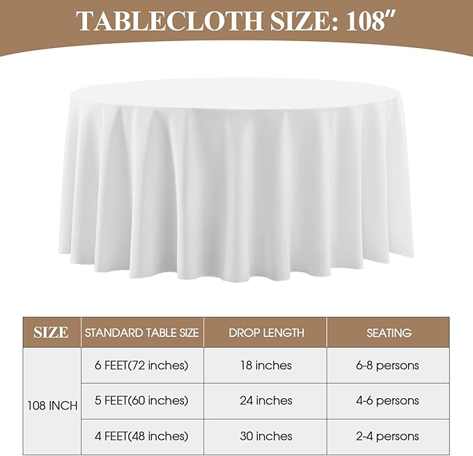 Round Tablecloth 6 Pack 108 Inch White Tablecloths Washable Decorative Linen Polyester Table Clothes Cover for Dining Table Banquets Buffet Parties and Wedding