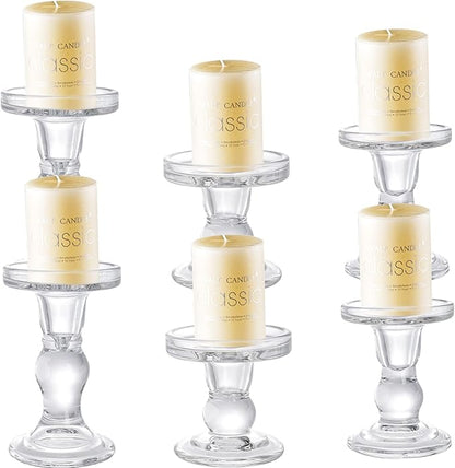 Okllen Set of 6 Glass Candle Holders, Clear Pillar Taper Candlestick Crystal Tealight Candle Holder Stand for Dinner Table, Wedding Centerpieces, Living Room, Home Decor