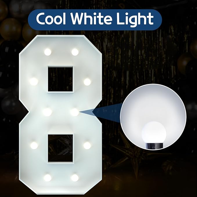 Marquee Numbers 4 Feet Tall Big Light Up Numbers 8th 18th 80th Happy Birthday Decorations Girl Boy White Anniversary Party Decor Large Cardboard Prop Backdrop Sign 8