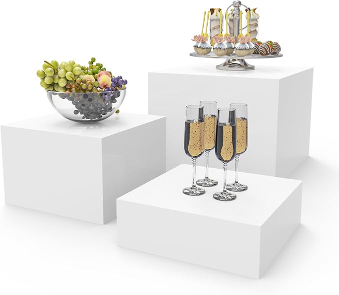PecMuikee Buffet Risers, Food Risers for Buffet Table, Display Stand Shelf for Catering Dessert Collectibles Jewelry Figures Show, Acrylic Cube Display Nesting Risers with Hollow Bottoms 3PCS 8"9"10"