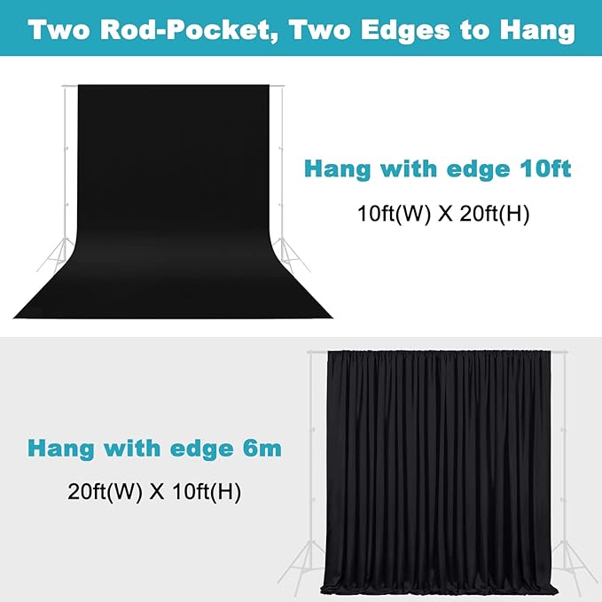 10X20ft Black Photo Backdrops for Photography, LCUIRC Two Rod Pocket Backdrops Curtain for Parties, Polyester Fabric Background with 4 Clamps for Product Protrait Photoshoot or Parties Decoration