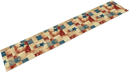 4th of July Table Runner, Rustic Vintage Country Red White Blue American Stars Independence Day Print Table Cover for Farmhouse Kitchen Dining Table Decor, 13x36inch
