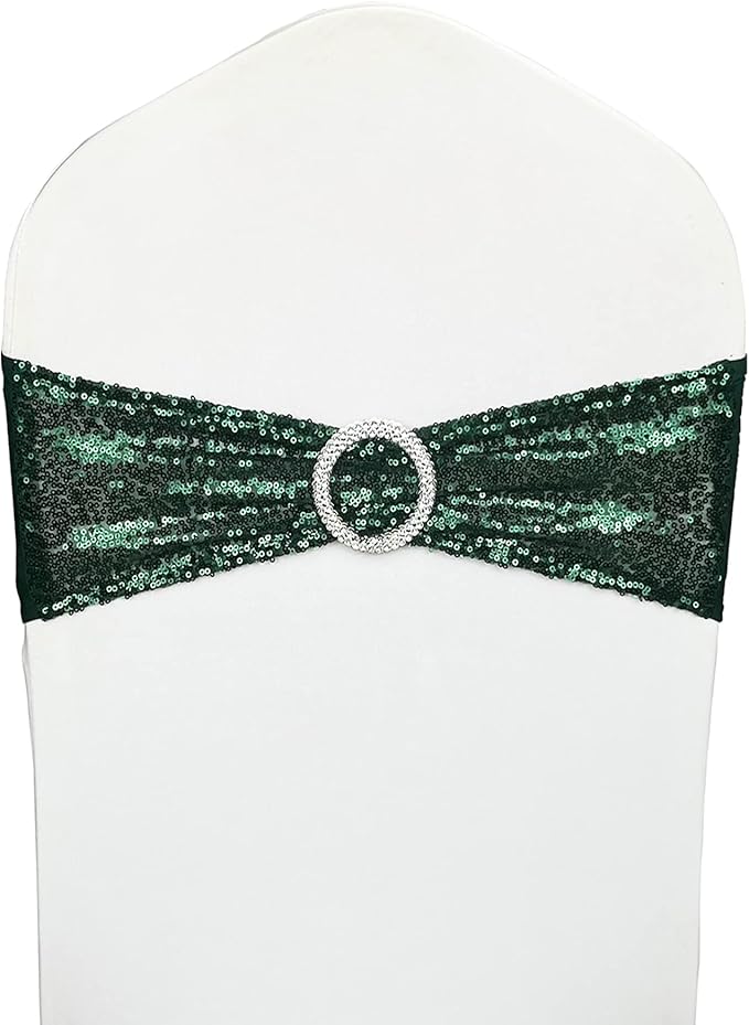 Chair Sashes Sequin Stretch Chair Bands Dark Green Spandex Polyester Bows for Party Hotel Wedding Banquets Decoration - 6 Pcs Hunter Emerald Green