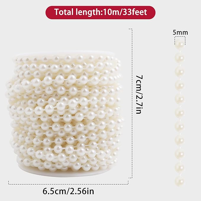 Pearls String Beads 33 Feet Crafts Faux Pearl Roll for Christmas Garland Flowers Wedding Party Jewelry Decoration(5mm Ivory)