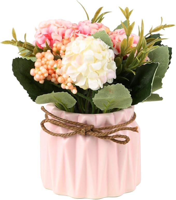 Artificial Hydrangea Bouquet with Small Ceramic Vase Fake Silk Variety Flower Balls Flowers Decoration for Table Home Party Office Wedding (Green)