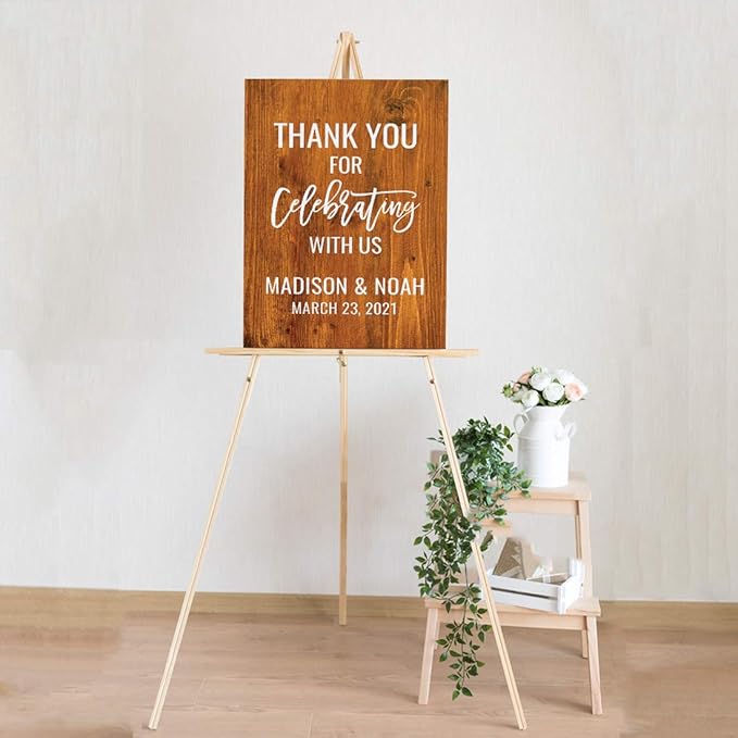 Andaz Press Personalized Extra Large Wedding Easel Board Party Sign, 12x18-inch, Rustic Barn Wood, Thank You for Celebrating With Us Bride Groom Name Date, 1-Pack, Custom