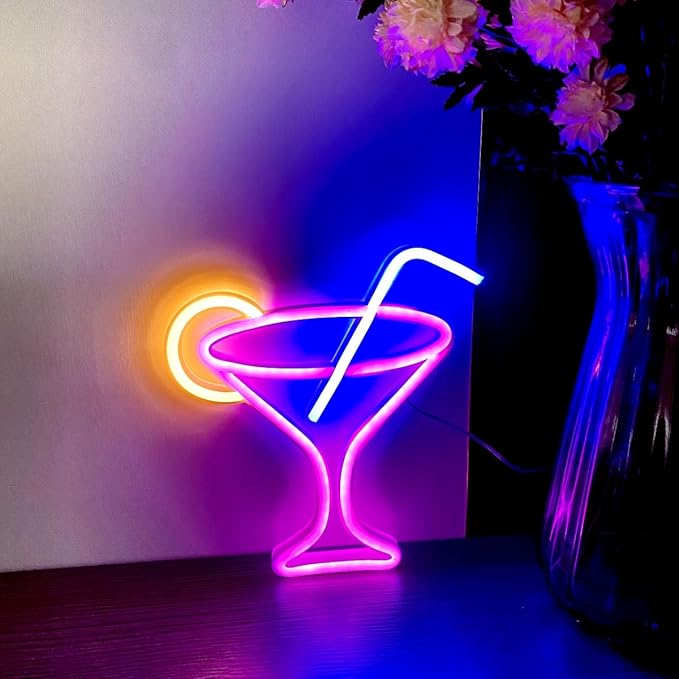 Cocktails Pink Neon Sign,Led Wine Glass Neon Light Battery and USB Dual Powered Bar Neon Night Light Signs for Wall Decor,Cocktails Night Lamp for Bar, Club, Cocktail Bar, Restaurant, Shop