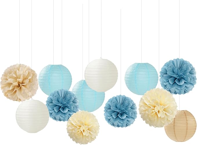 Dusty-Blue Champagne Party-Decorations Paper-Flowers Lanterns - 15pc Boho Beige Gold Tissue Pom Poms Streamers,Birthday Bachelorette Bridal Baby Shower Engagement Wedding Graduations Decor Panduola