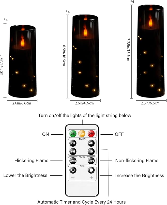 Flameless Candles with Embedded Star String - Battery Operated LED Candles, with Remote,12 Black Flickering Candles for Christmas, Weddings, Home Decor & Party,(D 2.3"×H 5" 6" 7")