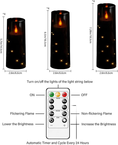 Flameless Candles with Embedded Star String - Battery Operated LED Candles, with Remote,12 Black Flickering Candles for Christmas, Weddings, Home Decor & Party,(D 2.3"×H 5" 6" 7")