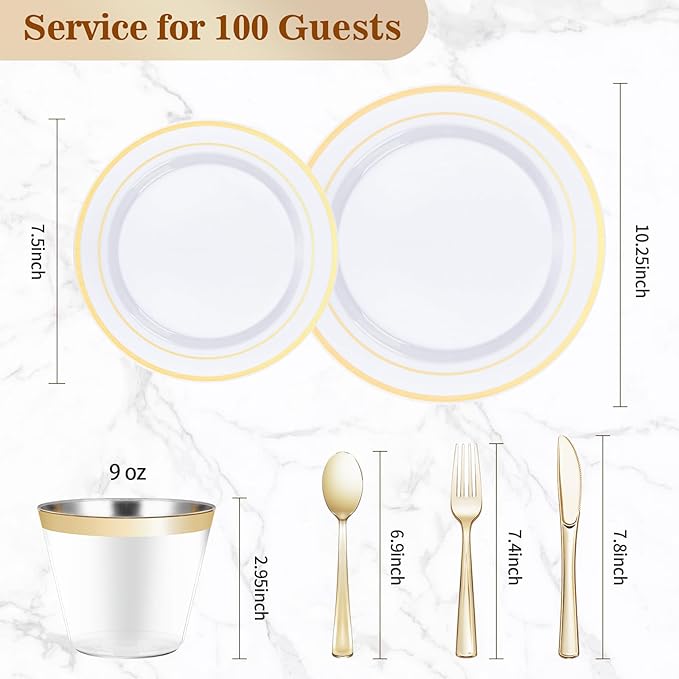 BESTVIP 600PCS Gold Dinnerware Set for 100 Guests, Plastic Plates for Party, 100 Gold Disposable Plates, 100 Dessert Plates, 100 Cups, 100 Spoons, 100 Forks and 100 Knives