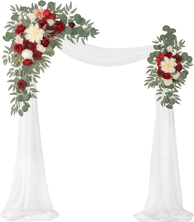 Artificial Wedding Arch Flowers Kit(Pack of 3),2Pcs Artificial Flower Arch Decor,1Pcs Sheer Drape for Wedding Ceremony Arbor for WeddingCeremony (Burgundy Wedding)