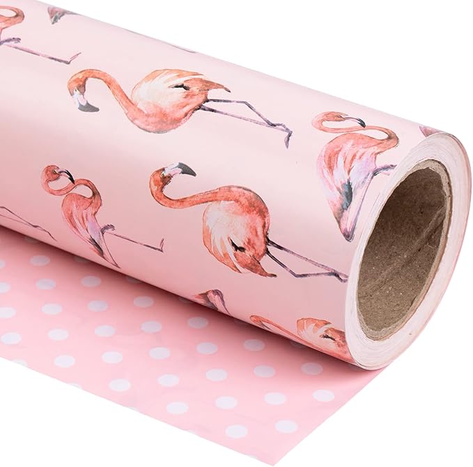 WRAPAHOLIC Reversible Flamingo Wrapping Paper - Mini Roll - 17 Inch X 33 Feet - Pink Flamingo Birthday Wrapping Paper Tropical Hawaii Design for Birthday, Holiday, Wedding, Baby Shower