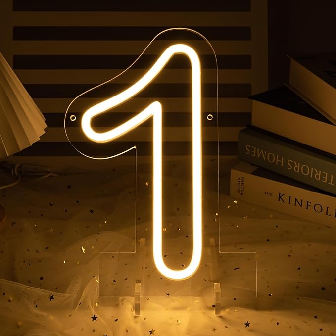 Number 1 LED Neon Sign Backdrop Birthday Party Decoration, 11.3" Height Warm White Marquee Number Light Up Sign for Wedding Anniversary Window Wall Table, Indoor Battery Operated or USB