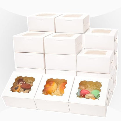 Bakepacker 100pcs White Bakery Boxes with Window 6x6x3 inches Thick & Sturdy Macaroon Pastry & Cookie Boxes