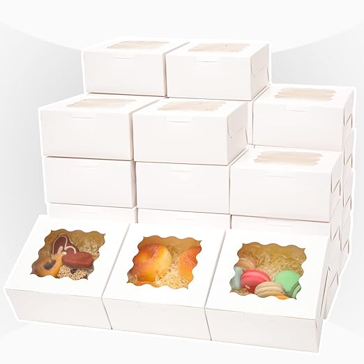 Bakepacker 60pcs White Bakery Boxes with Window 6x6x3 inches Thick & Sturdy Macaroon Pastry & Cookie Boxes