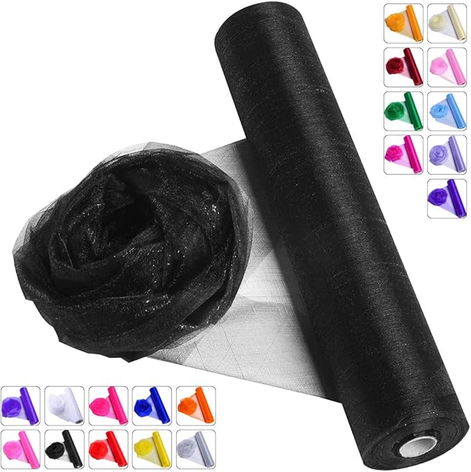 Crystal Organza Fabric Tulle - 16" by 50 Yards Sheer Fabric for Wedding Party Decoration Bridal Shower Tutu Roll Netting Spool Ribbon Wrapping (Black)