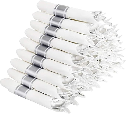 Supernal 60 Pack Silver Plastic Silverware,Pre Rolled Silverware,Premium Disposable Silver Cutlery,Suit for Wedding,Catering Event,Birthday,Party