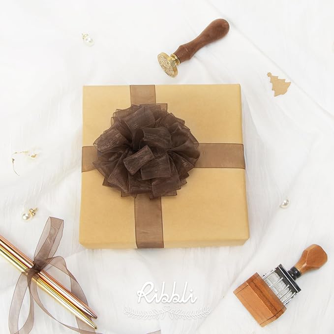 Ribbli Brown Organza Ribbon,1 Inches x Continuous 50 Yard, Brown Sheer Ribbon for Gift Wrapping,Cookie Wrapping,Wedding Decoration,All Crafting and Sewing