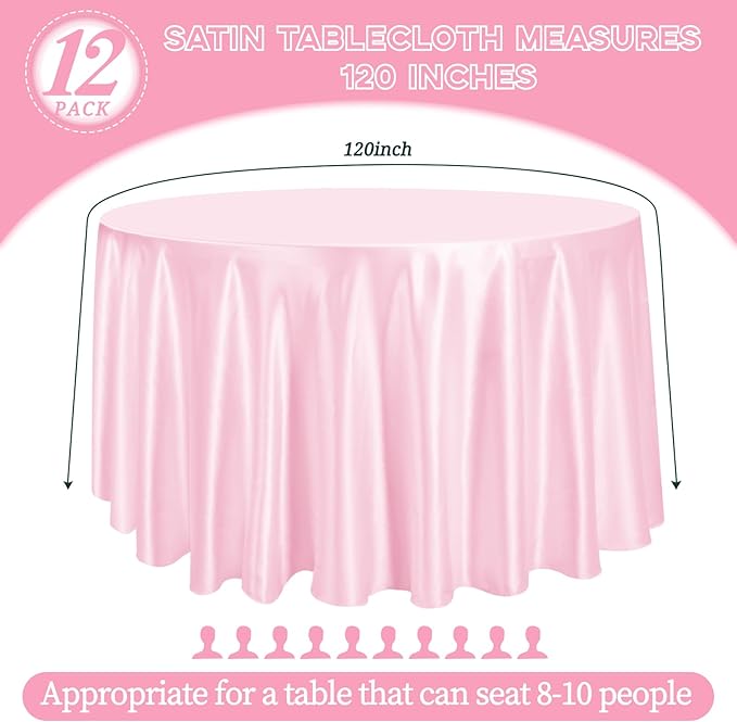 fani 12 Pack 120 Inch Light Pink Satin Tablecloth - Silky Round Tablecloth Overlay Smooth Fabric Table Cover, Bright Table Decoration for Wedding Party Banquet Events Restaurant Kitchen Dining