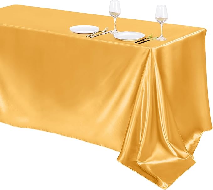 TURSTIN 1 Pack Gold Satin Tablecloth 102 x 58 Inch Overlay Satin Table Cover Rectangle Bright Silk Tablecloth Smooth Fabric Table Decoration for Wedding Banquet Party Events