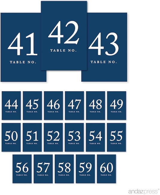 Andaz Press Navy Blue Wedding Table Numbers 41-60, 4x6-Inches Table Number Cards For Wedding Reception, Table Number For Seating Chart For Wedding Reception, Restaurant, Classroom, Boda