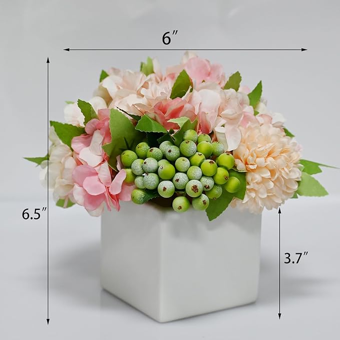 LADADA Artificial Hydrangea Flower Arrangement in Ceramic Vase and Vase Home Decoration Artificial Flower (Pink)