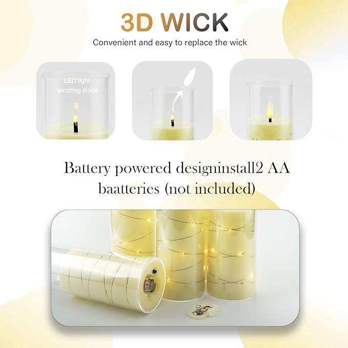 Flameless LED Candles with Timer 9 Pc Flickering Flameless Candles for Romantic Ambiance and Home Decoration Stable Acrylic Shell,with Embedded Star String，Battery Operated Candles（Ivory）