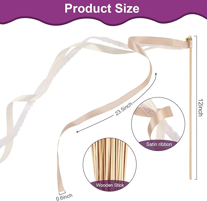 Sumind 40 Pieces Ribbon Wedding Streamers with Bells, Lace Fairy Wand Stick Party Ribbon Streamers Chromatic Silk Streamers for Party, Birthday and Holiday (Champagne)