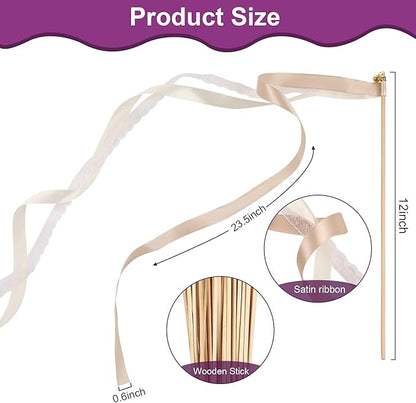 Sumind 40 Pieces Ribbon Wedding Streamers with Bells, Lace Fairy Wand Stick Party Ribbon Streamers Chromatic Silk Streamers for Party, Birthday and Holiday (Champagne)