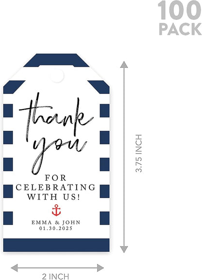 Andaz Press 100-Pack Personalized Thank You Tags with Bakers Twine Nautical Beach Custom Cardstock Wedding Gift Tags for Wedding Party Favors 2 x 3.75-Inches