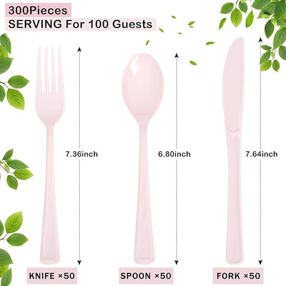 Supernal 300 Pieces Pink Plastic Silverware Heavy Duty Disposable Silverware Pink Utensils Disposable Cutlery Set 100 Forks 100 Knives 100 Spoons for Wedding Party Supplies Everyday Use