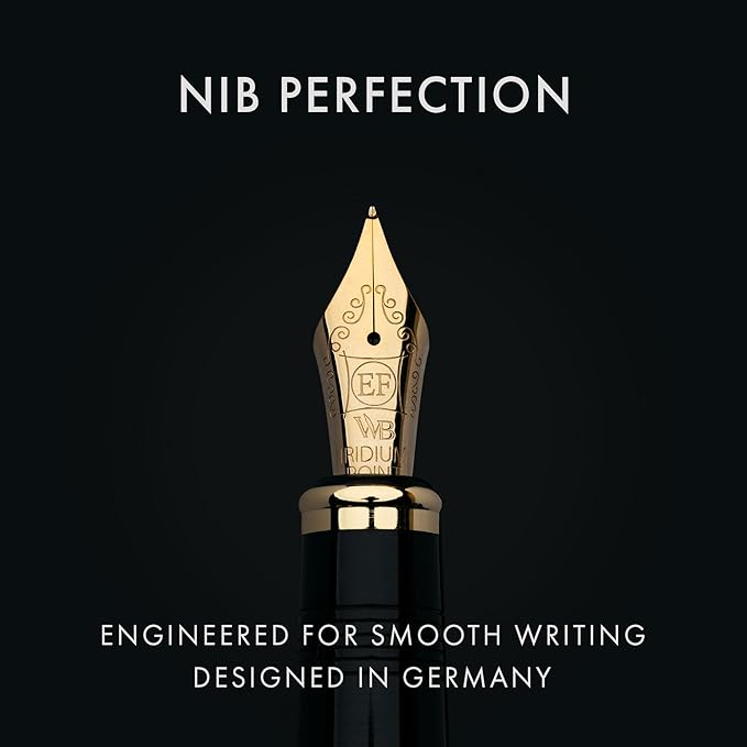 Wordsworth & Black Primori Fountain Pen Set [Black Gold]; Extra Fine Nib, Gift Case, 24 Ink Cartridges, Refill Converter, Manual; Journaling, Calligraphy, Smooth Writing Pens; Left and Right Handed