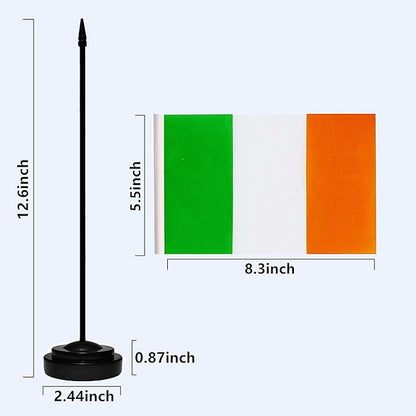 Ireland Irish Deluxe Desk Flag Set Small Mini Miniature Ireland Irish Table Desktop Flags With Solid Pole, Black Base and Spear Top(2 Pack)