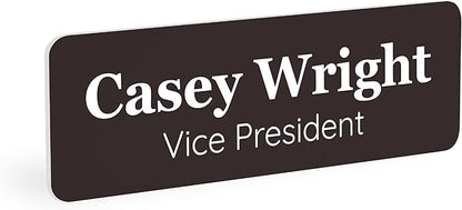 ExcelMark Custom Name Tag - Engraved Name Badge with Pin or Magnetic Backing, 16 Colors, 6 Fonts, and 2 Sizes to Choose from (Brown w/White Letters, 1"x 3")