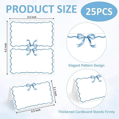 25 Pcs Blue Bow Place Cards, Blank Tent Name Cards for Food Buffet, Dinner Party, Wedding Reception, Bridal Shower Table Setting -08